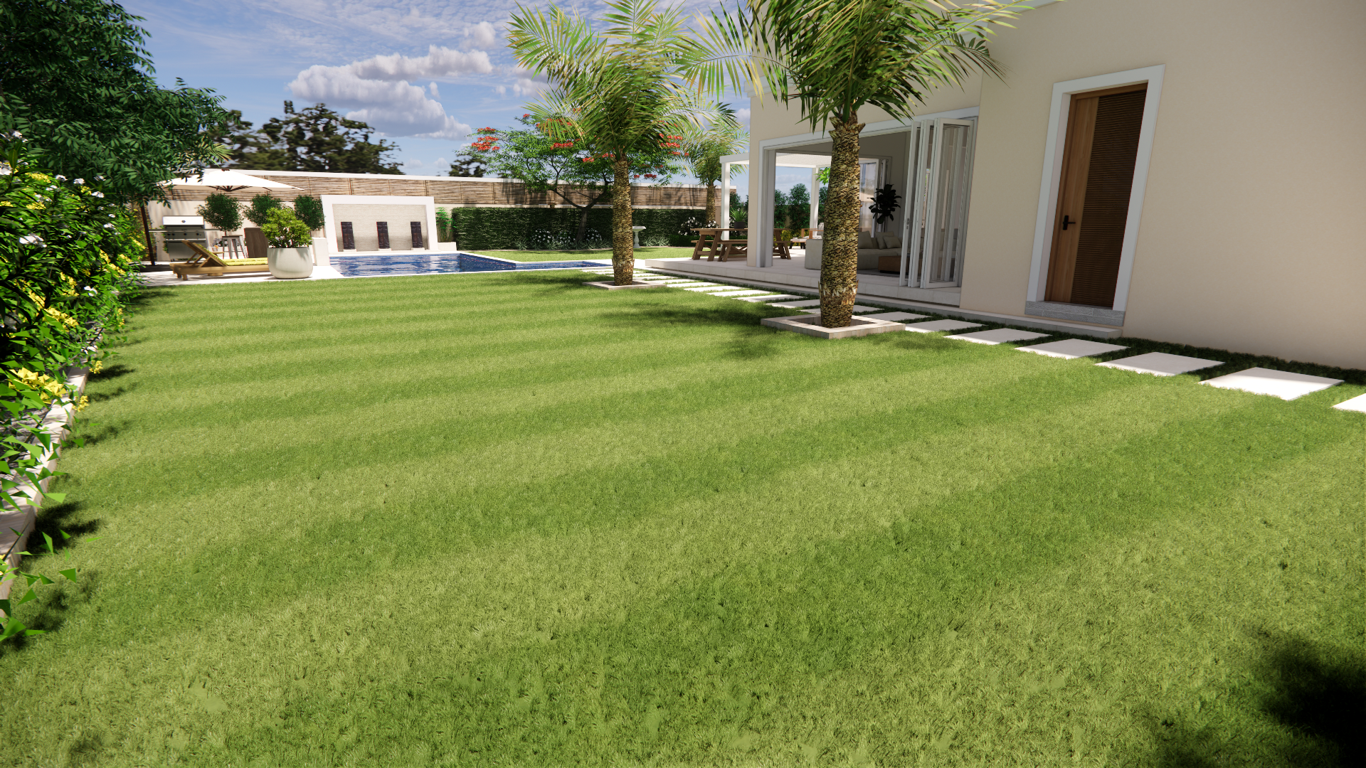 A landscape plan thoughtfully incorporating native and adaptive plants to minimize maintenance.