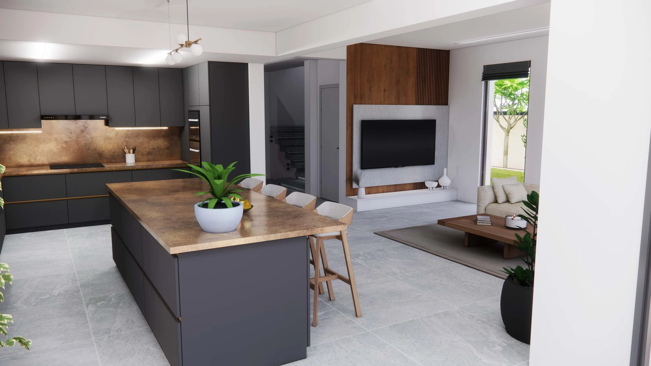 Minimalist open plan kitchen and living area