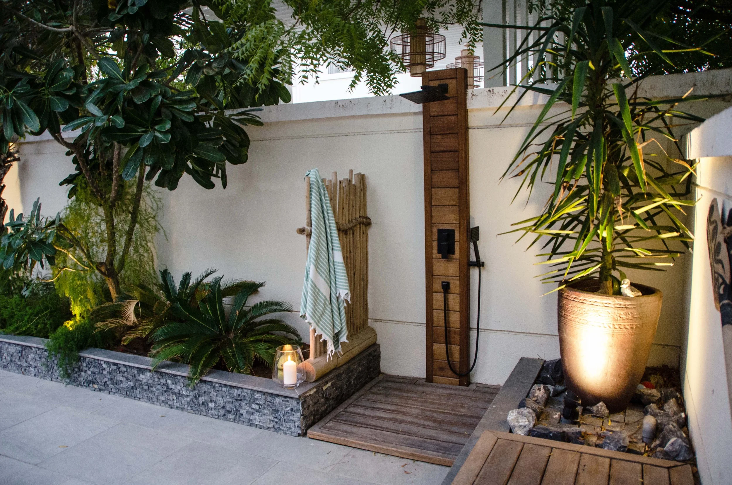 Gorgeous outdoor shower for rinsing off after a swim. 