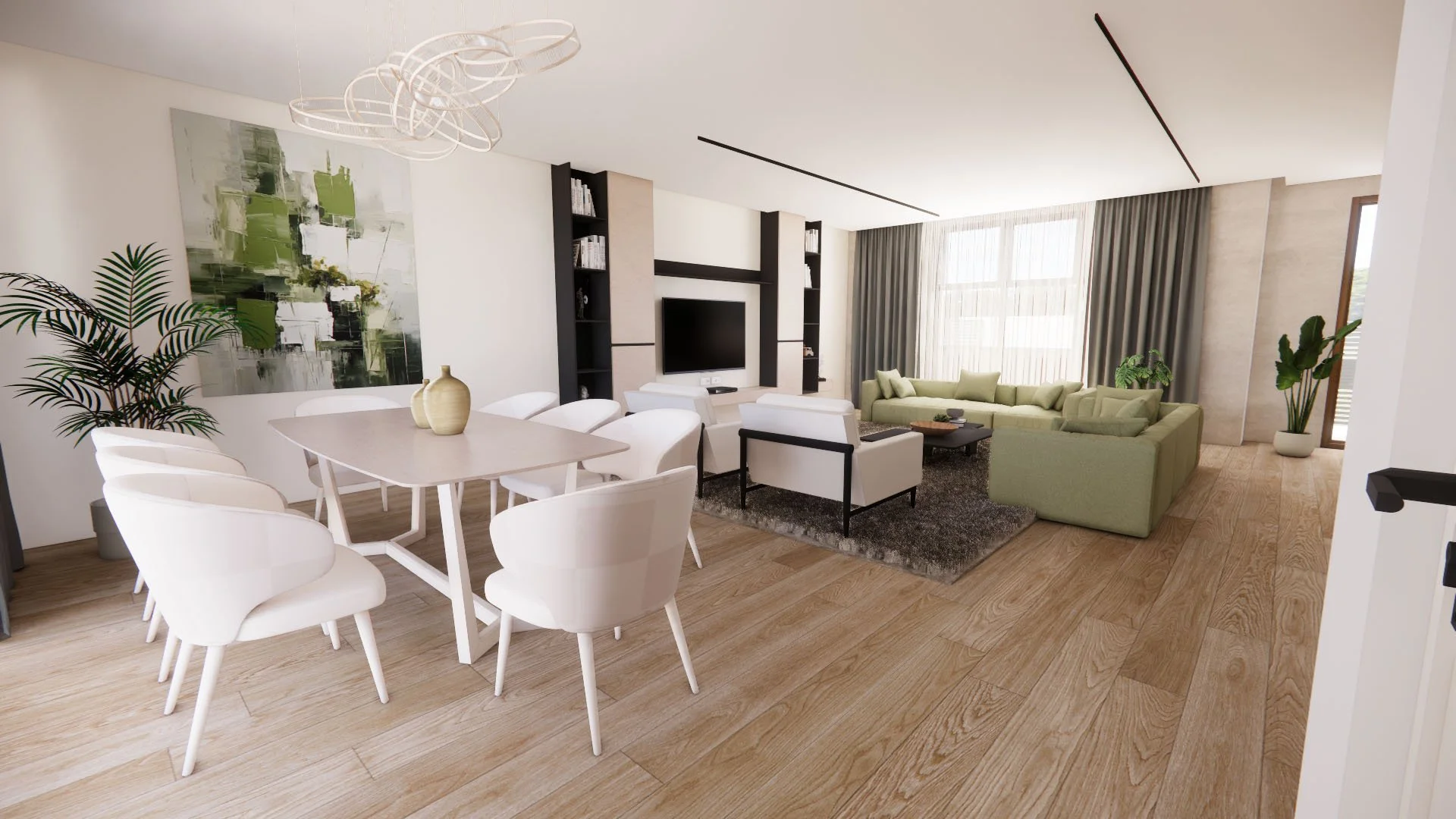 A contemporary, spacious dining area with natural light and wide-plank, wooden floors