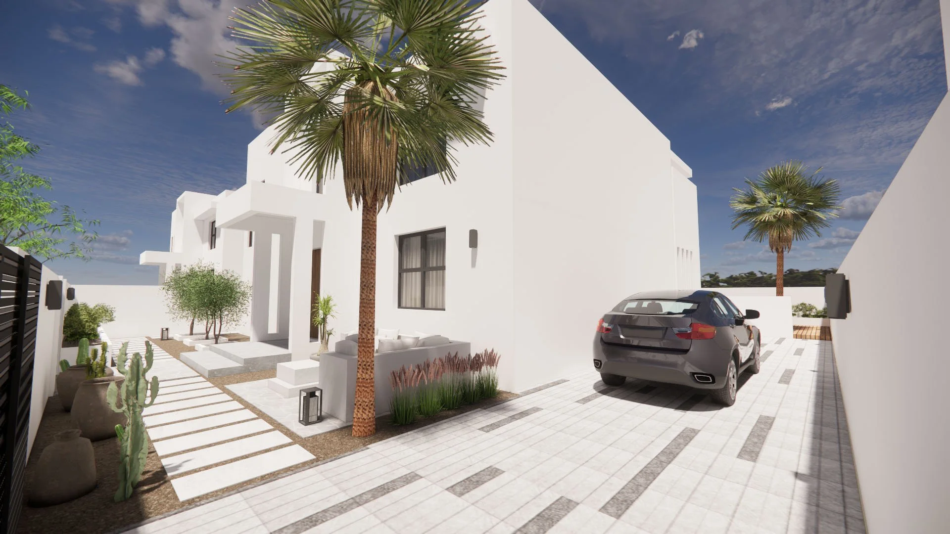 Modern villa and a private garden with drought-tolerant plants, native to the region 