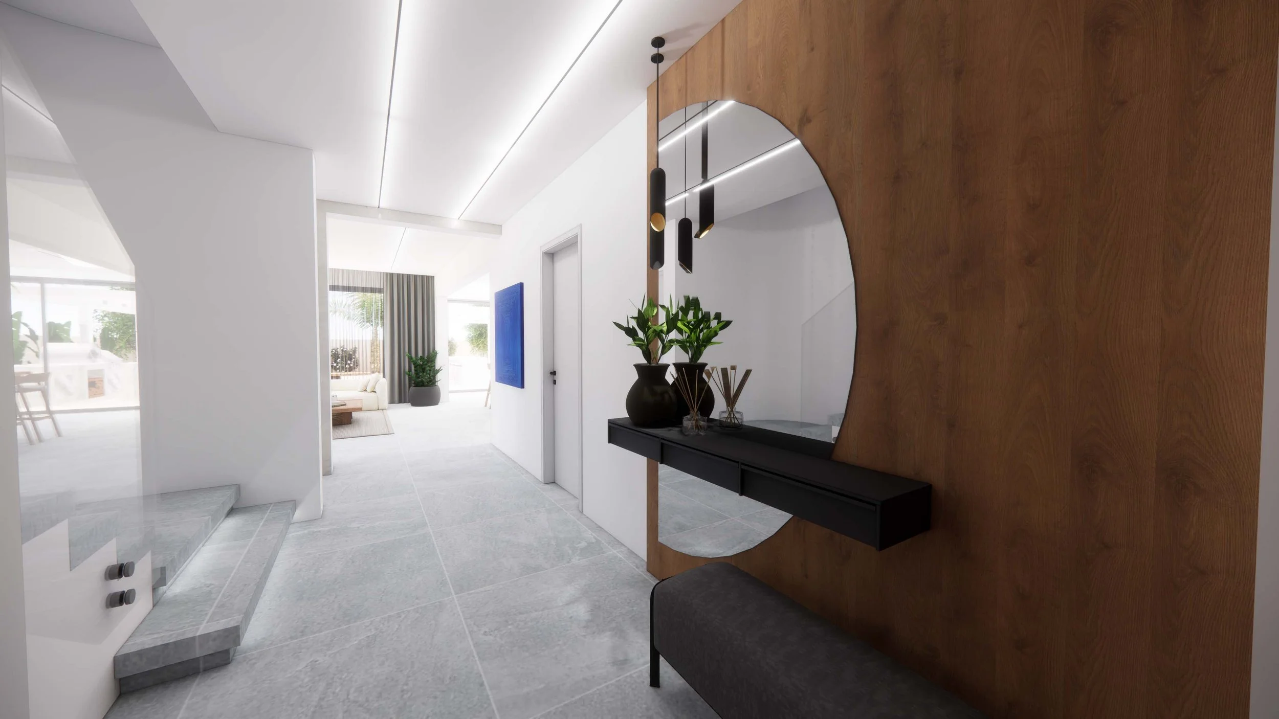 JVC renovated entrance with a minimalistic design, clean open spaces. 