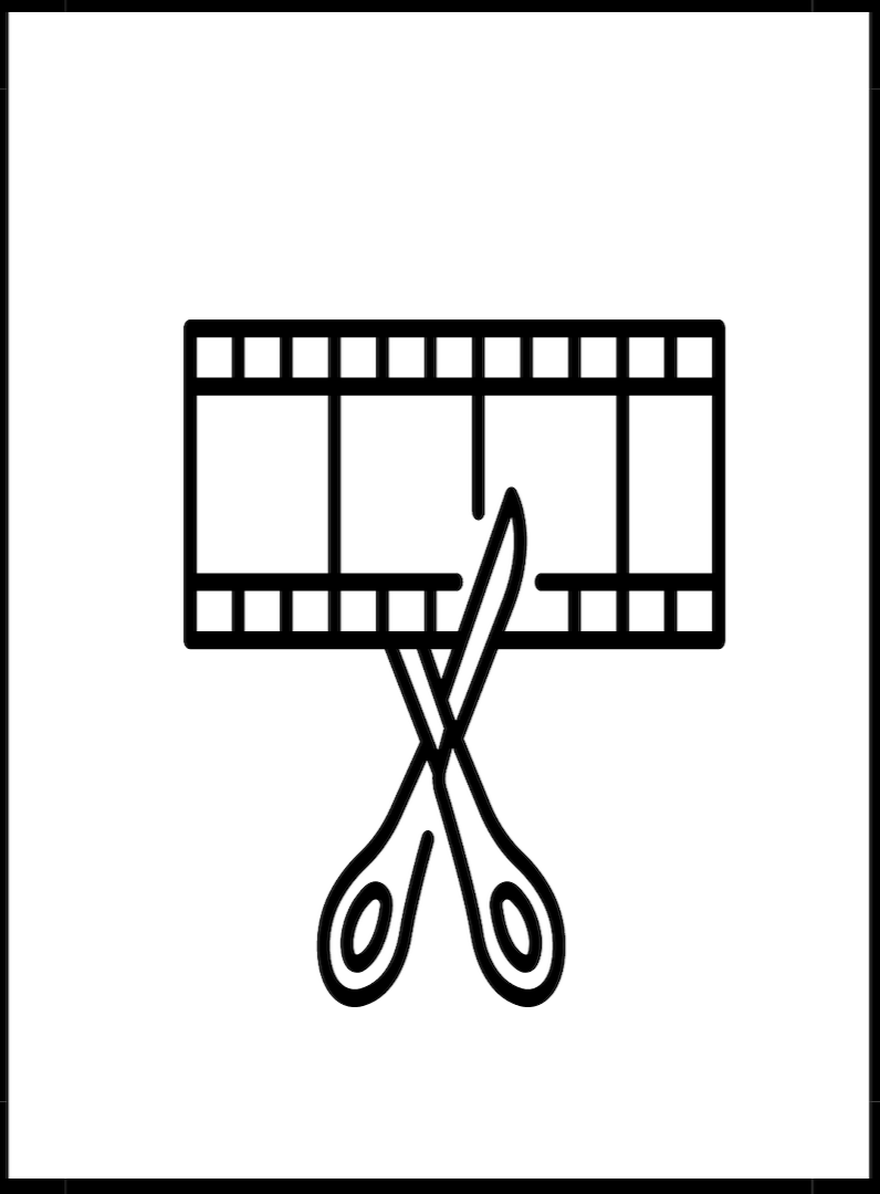 Icon of scissors cutting a film strip, representing video editing.