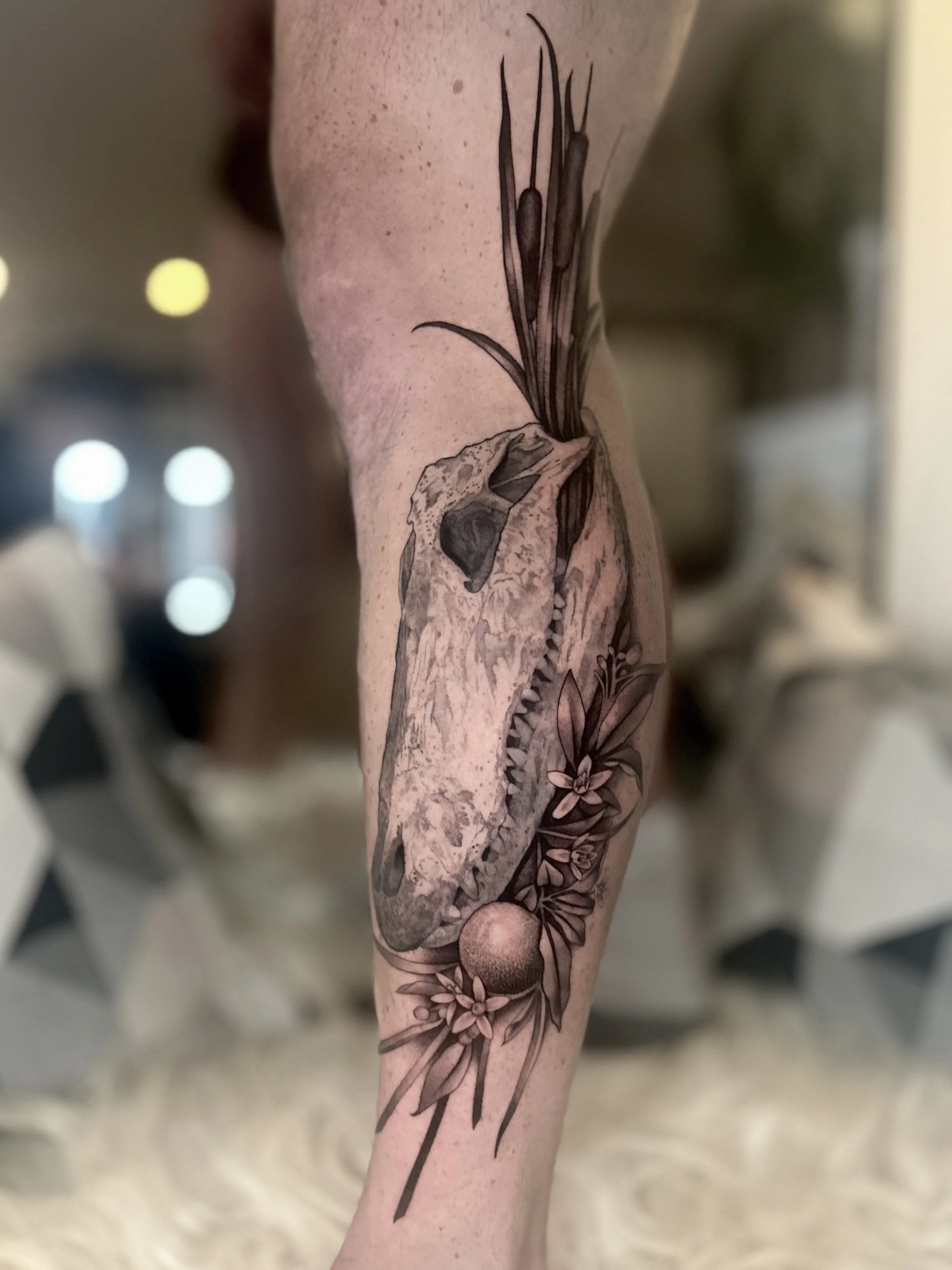 Black and gray tattoo of a rabbit skull with plants and flowers on a person's forearm.