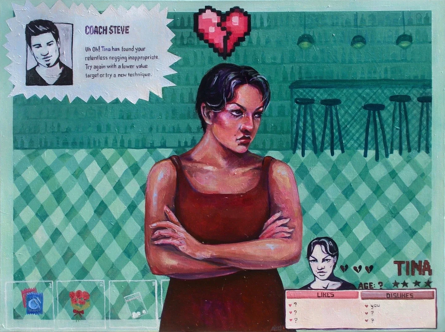 "The Worst Thing She Can Say Is No," acrylic and coloured pencil on canvas.