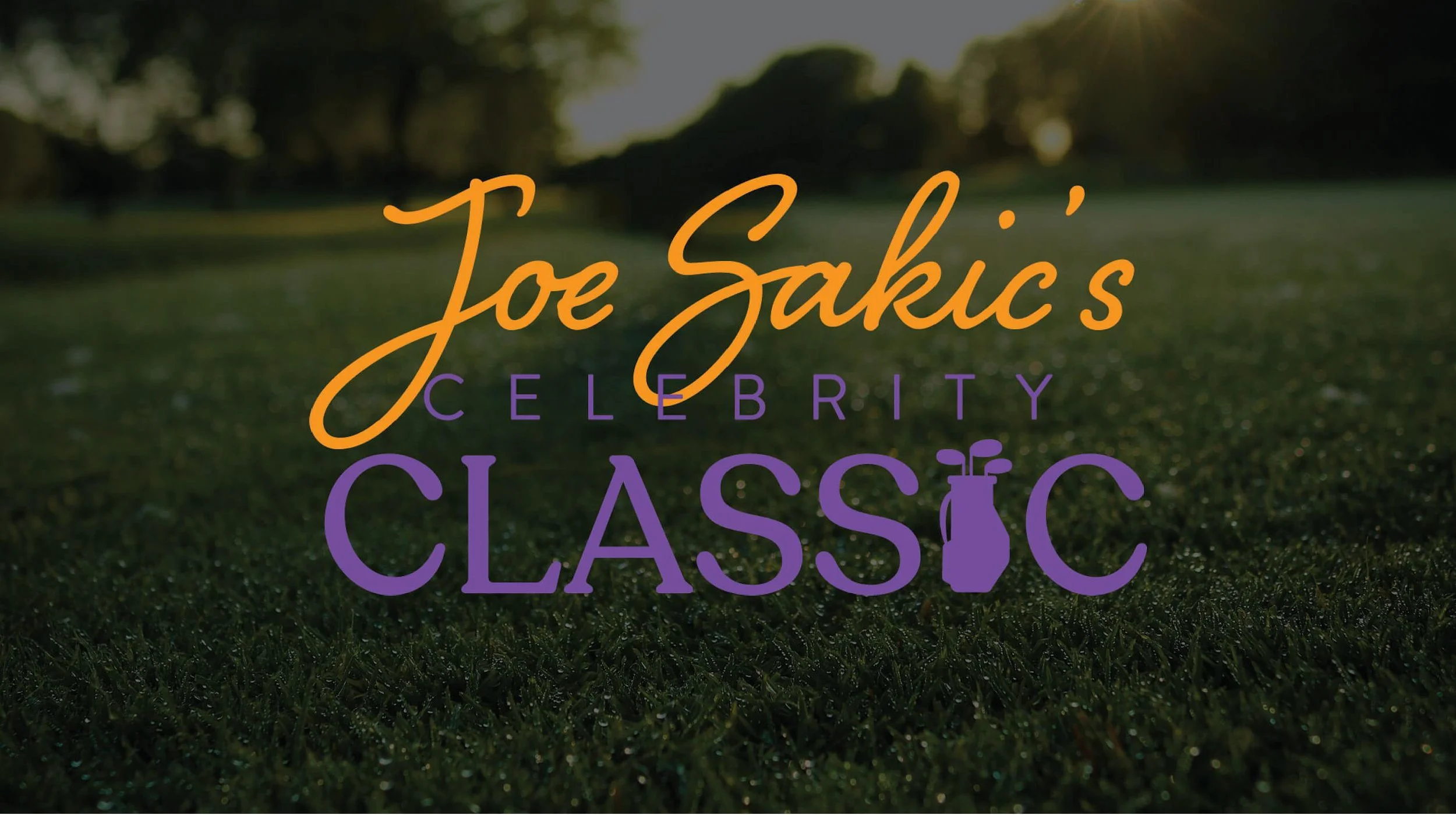 Text over grass in sunset reads 'Joe Sakic's Celebrity Classic' with orange and purple font.