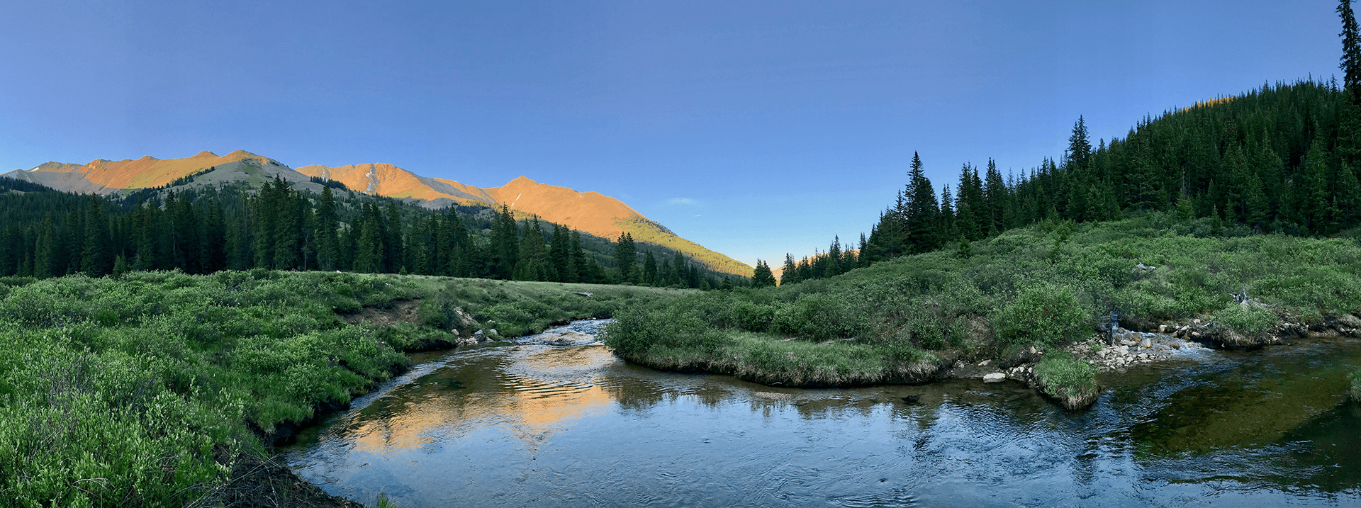 A serene landscape of a mountain river flowing through lush green grass and trees, with mountains in the background under a clear blue sky.