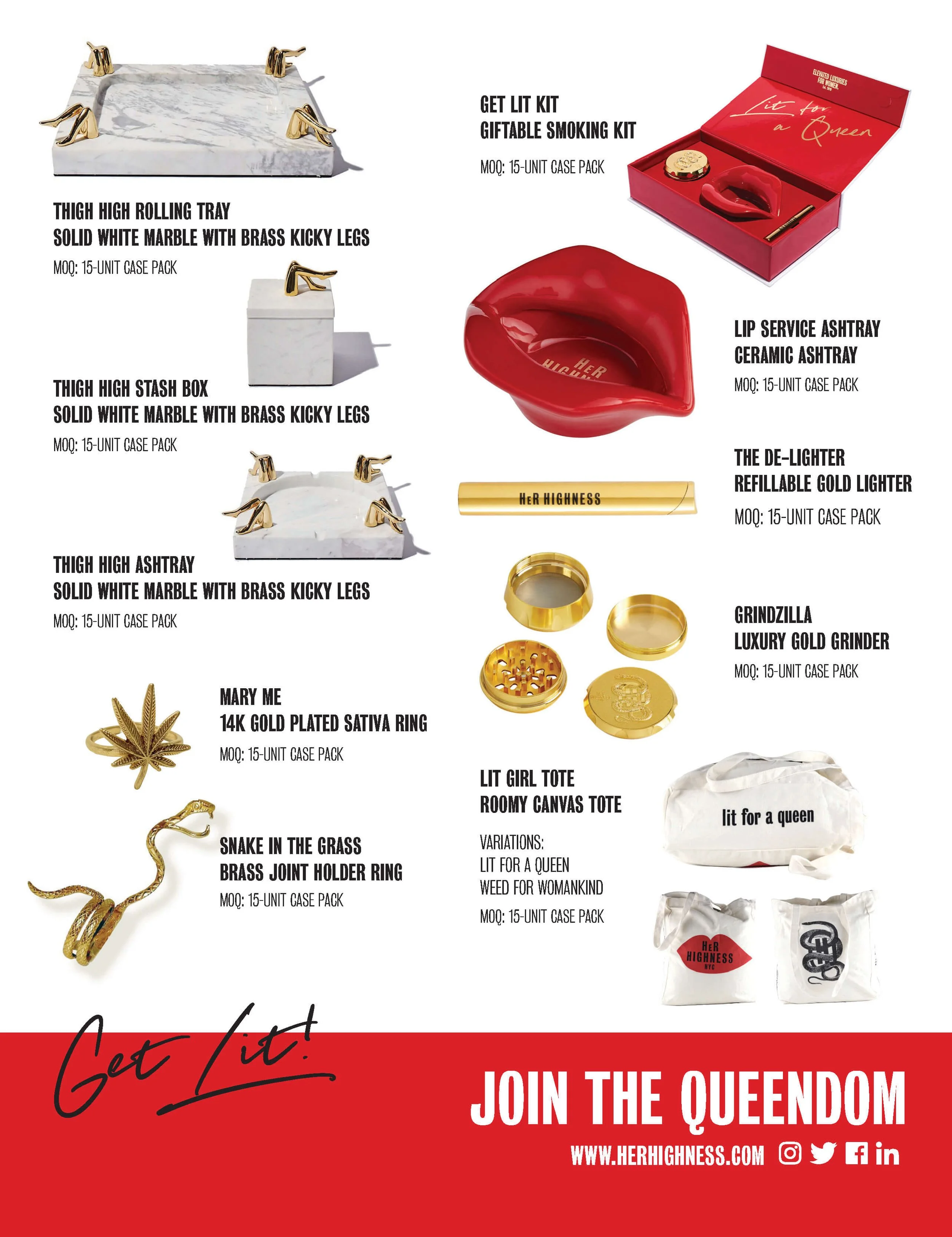 A promotional flyer for HER HIGHNESS, featuring luxury accessories and items including a white marble thigh high rolling tray with brass legs, a matching stash box, giftable smoking kit with red box, red lips ashtray, gold lighter, gold grinder, cann