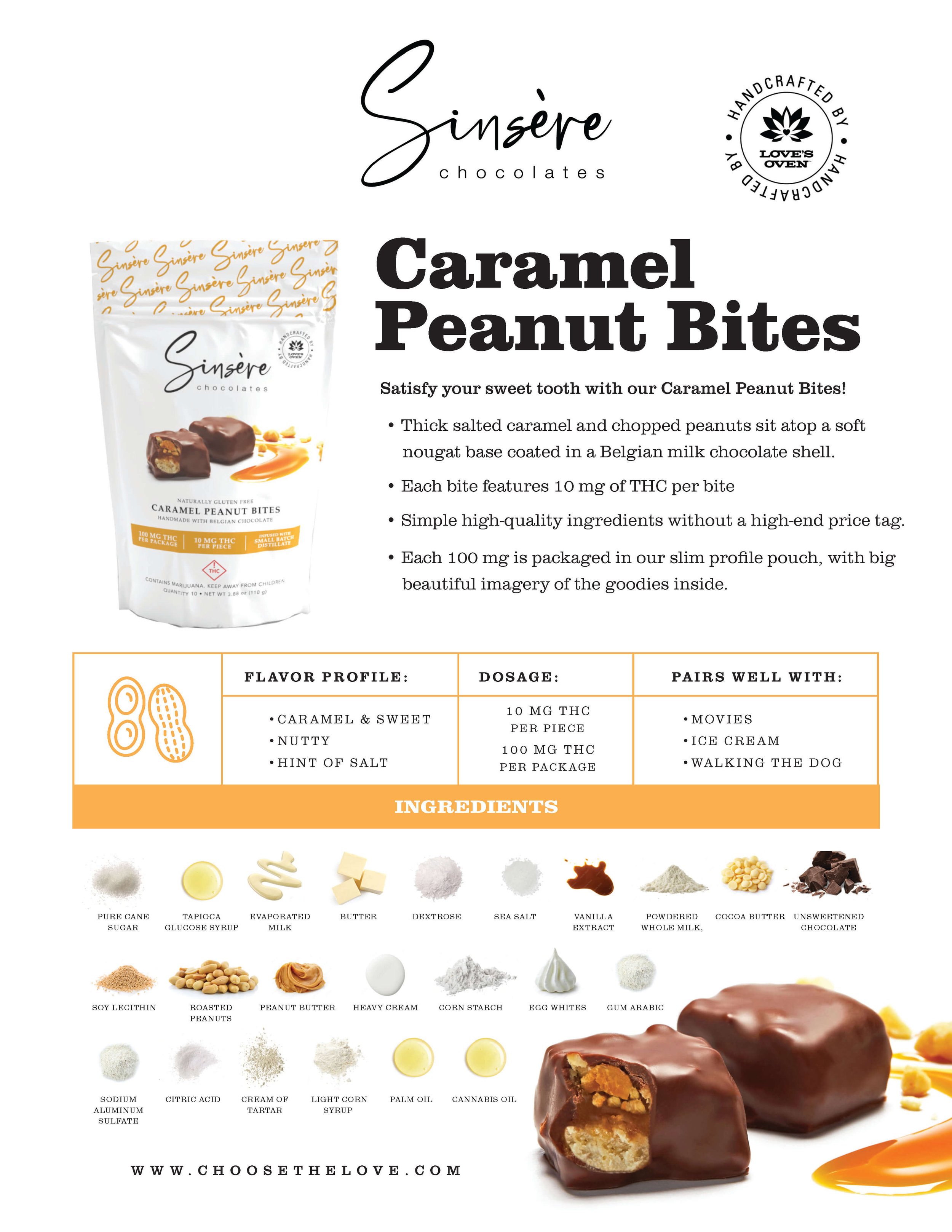 Product packaging for Sinêre Chocolates Caramel Peanut Bites with an image of the chocolates. The packaging highlights that each piece contains 10 mg of THC and is made with Belgian chocolate. The image also features ingredients and flavor profile de