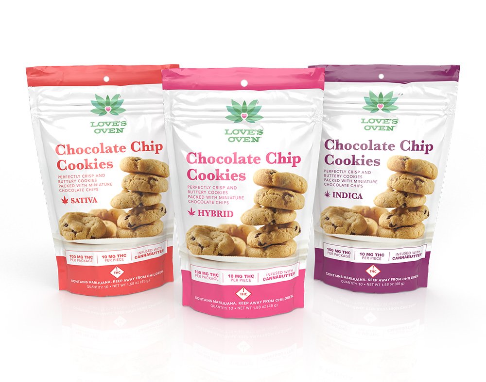 Three bags of Love's Oven chocolate chip cookies in different varieties: Sativa, Hybrid, and Indica, each with a picture of stacked cookies on the front.