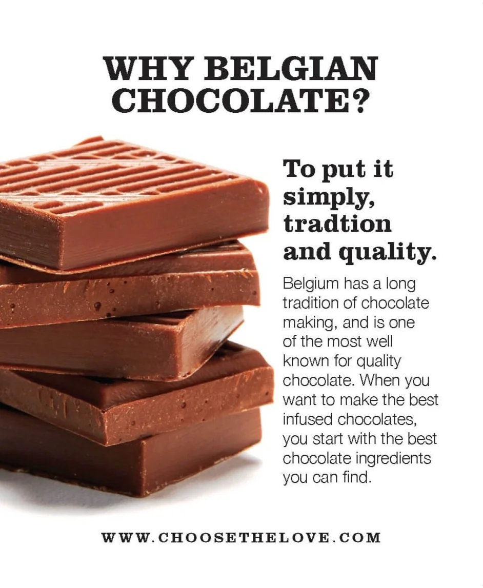 Stack of five different types of Belgian chocolate bars with text about the tradition and quality of Belgian chocolate.