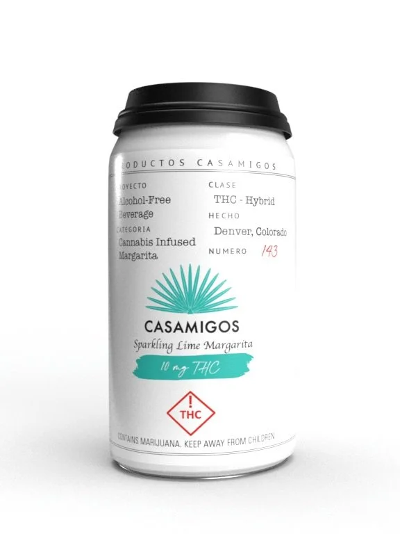 A can of Casamigos sparkling lime margarita with THC, THC hybrid cannabis infusion, labeled as alcohol-free and containing 10 mg THC, with a marijuana warning symbol.
