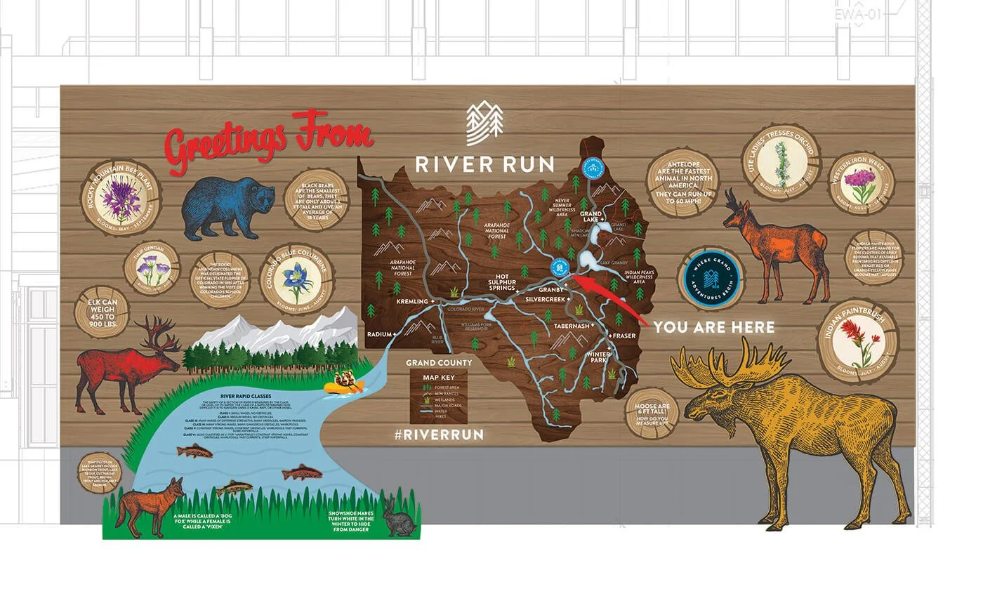 Map of the River Run area with illustrations of wildlife such as a bear, elk, moose, and various plants, with a 'You Are Here' marker and a wooden background.