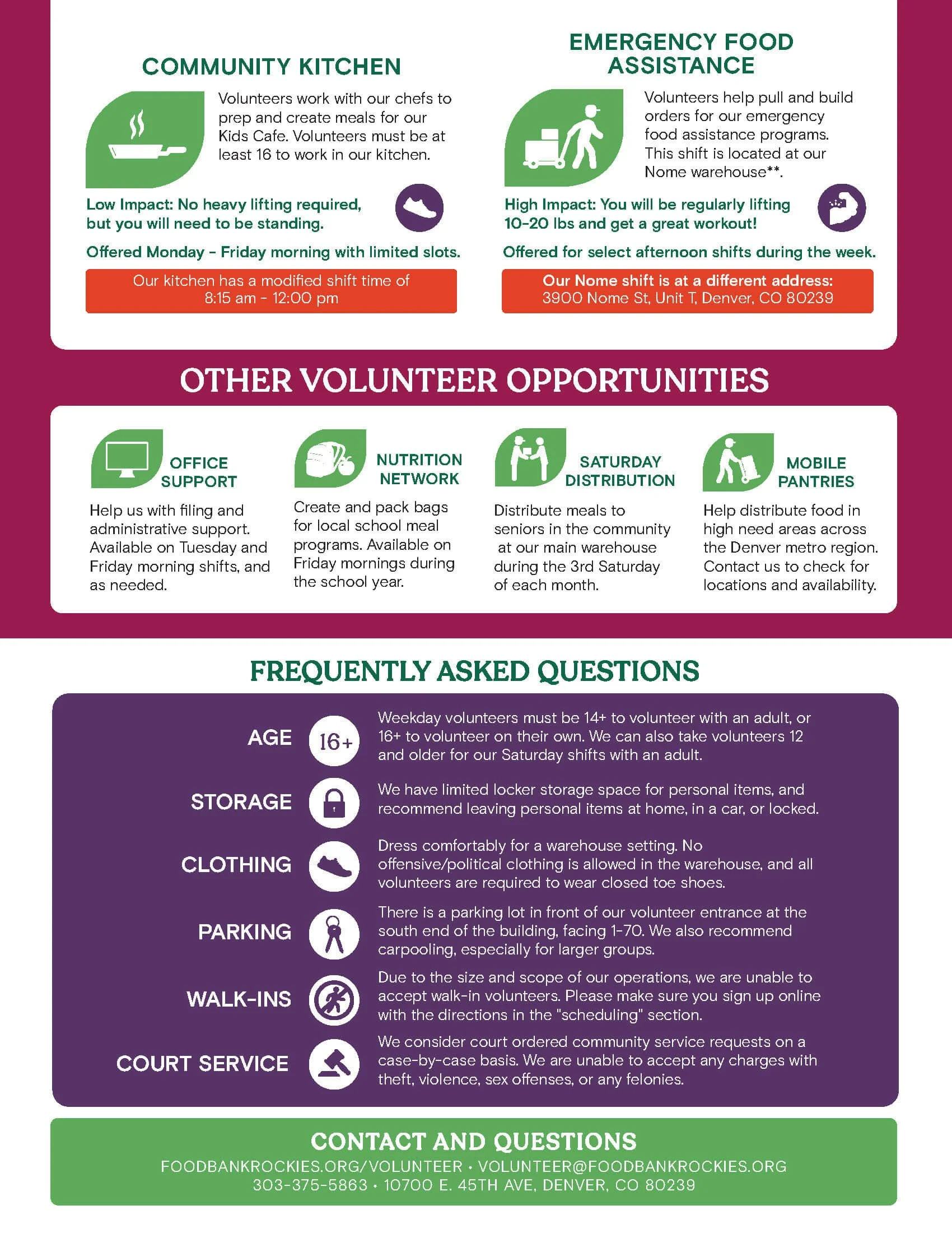 Volunteer and program information for community kitchen, emergency food assistance, and other volunteer opportunities, including details on shift times, locations, and contact information.