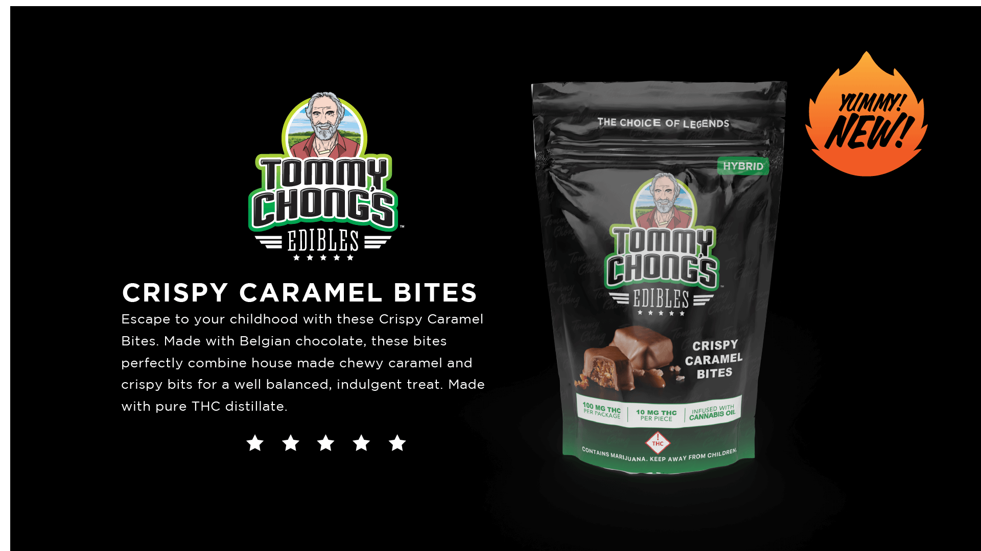 Packaging for Tommy Chong's Edibles Crispy Caramel Bites with a picture of a man with a beard and gray hair, a label indicating hybrid strain, and a label with THC content per piece, with a speech bubble saying "Yummy! New!"