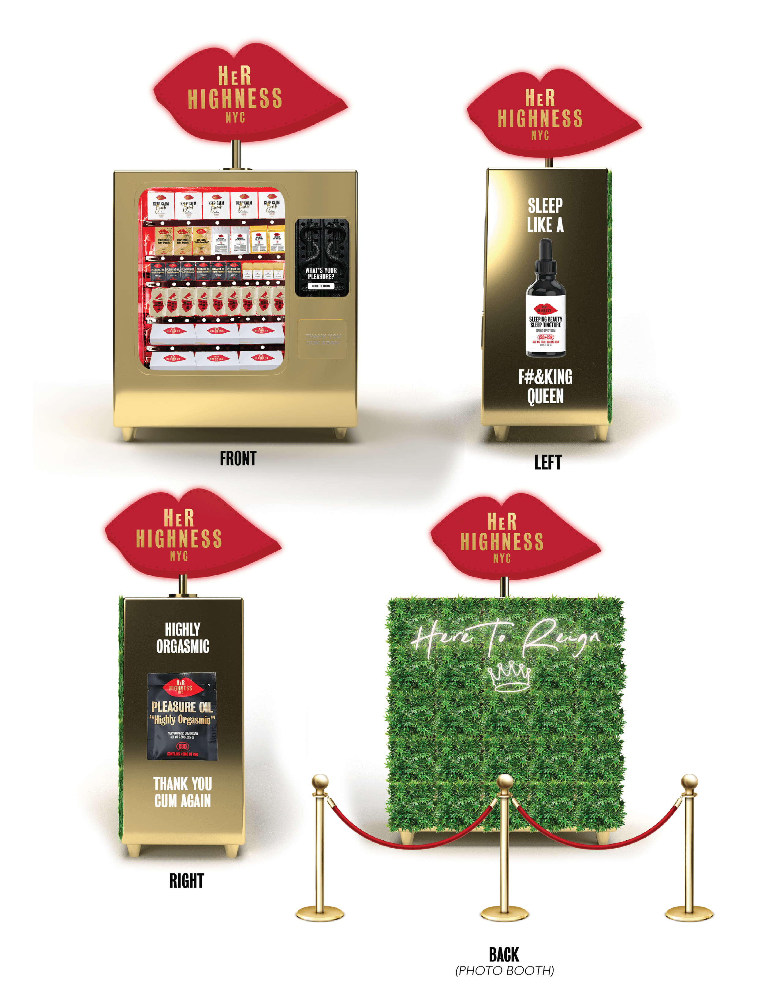 Photo booth backdrop with a gold vending machine on the right side filled with small boxes, and a rectangular gold panel on the left with a sign that reads "Thank you GUM again". Both have large red lips with "Her Highness NYC" text above them. The b