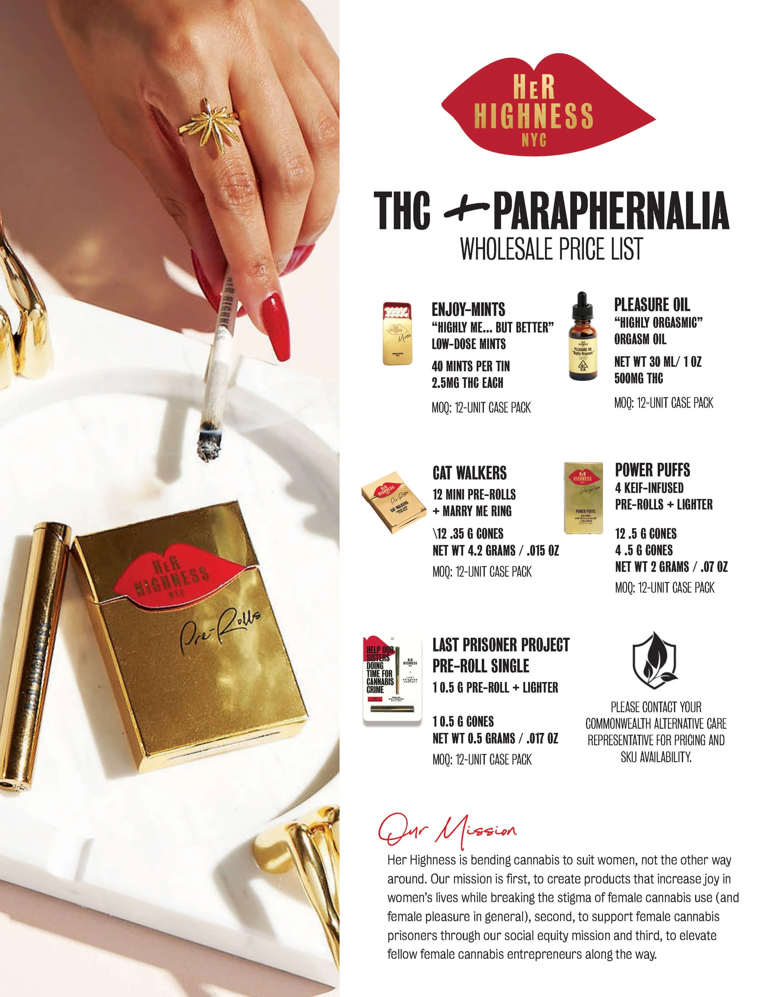 A woman with red painted nails is holding a lit joint, with a gold ring on her finger. The image is part of a promotional flyer for Her Highness NYC, a cannabis brand aimed at women. The flyer features product names, descriptions, and mission stateme