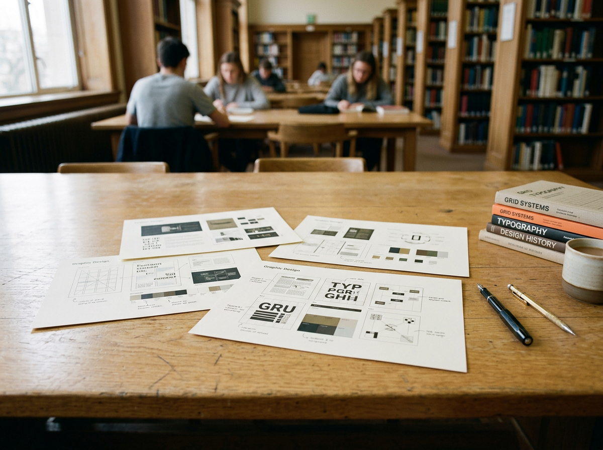Desk with graphic design plans, pens, and books in a library, with students studying in the background.