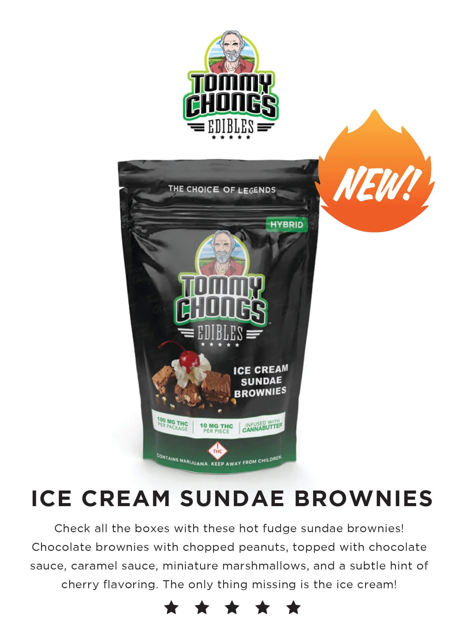 Product package of Tommy Chong's Edibles, a black bag with a logo featuring a cartoon image of Tommy Chong, labeled as hybrid, with a description of ice cream sundae brownies, and a red 'New!' badge on the top right corner.