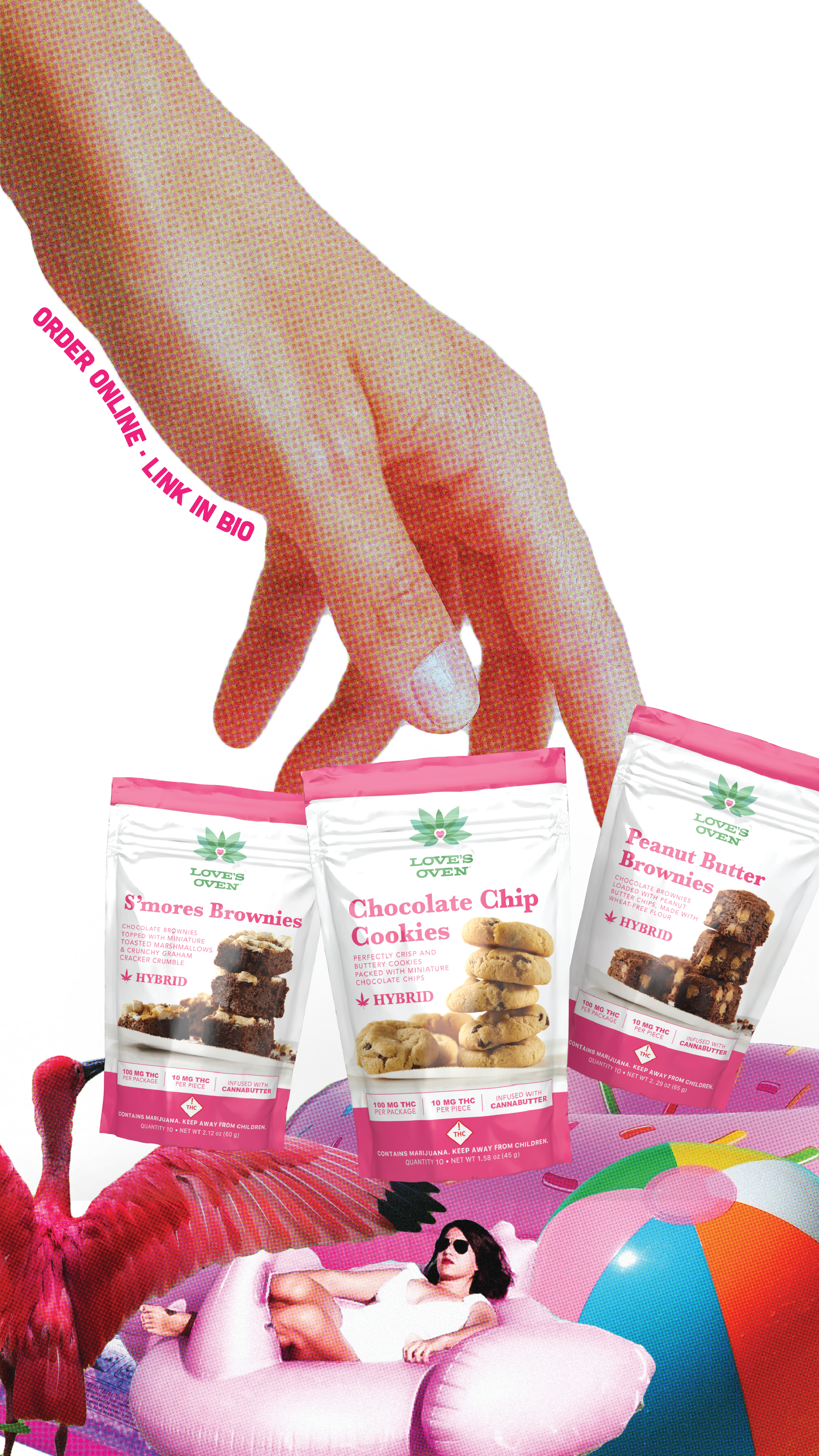 An edited collage featuring a hand holding three snack bags, a woman lounging on a pink inflatable raft, a chili pepper, a giant beach ball, and playful, colorful background elements. The snack bags display different types of brownies and cookies with labels.