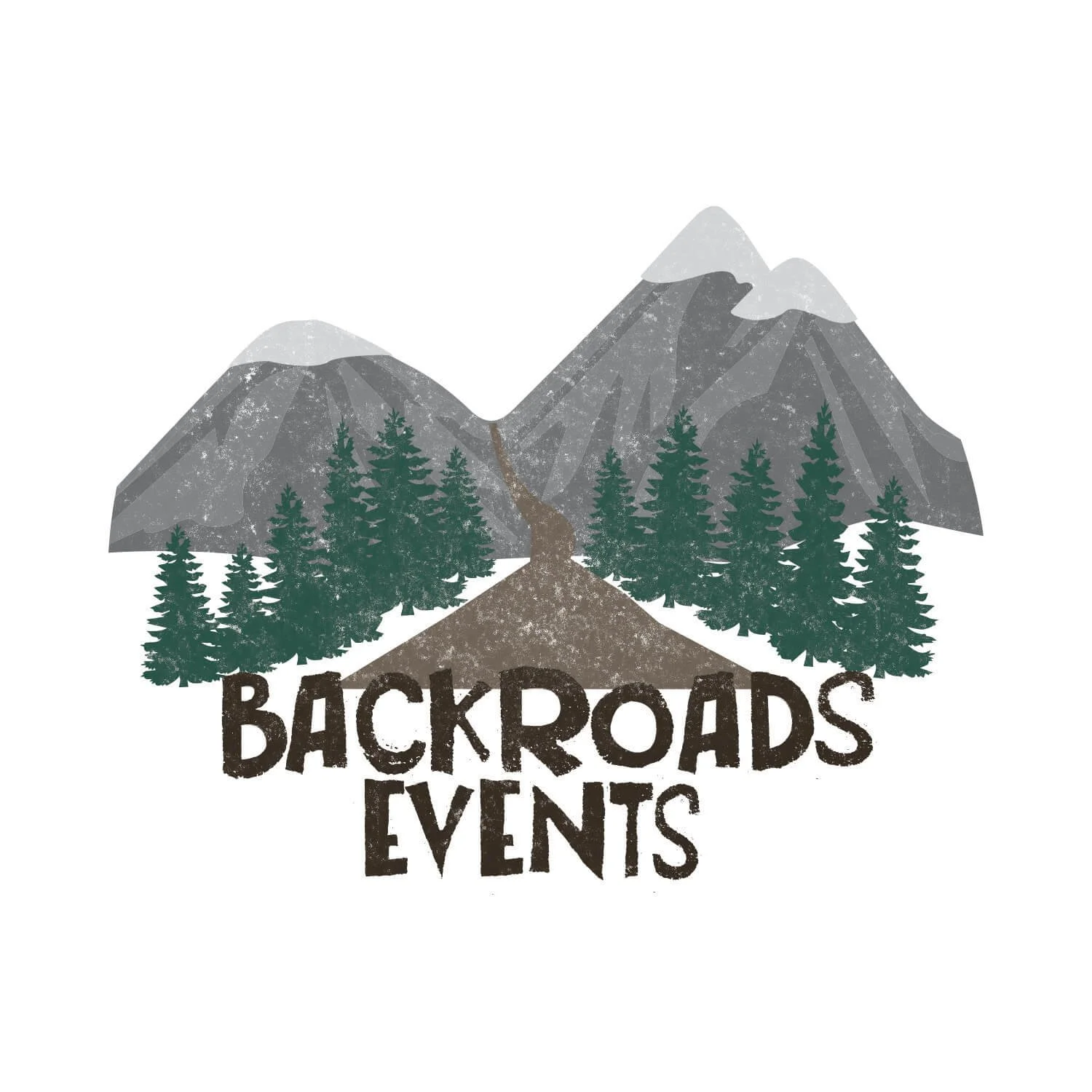 Illustration of mountain peaks with snow caps, pine trees, and a dirt trail, with the words "Backroads Events" at the bottom.