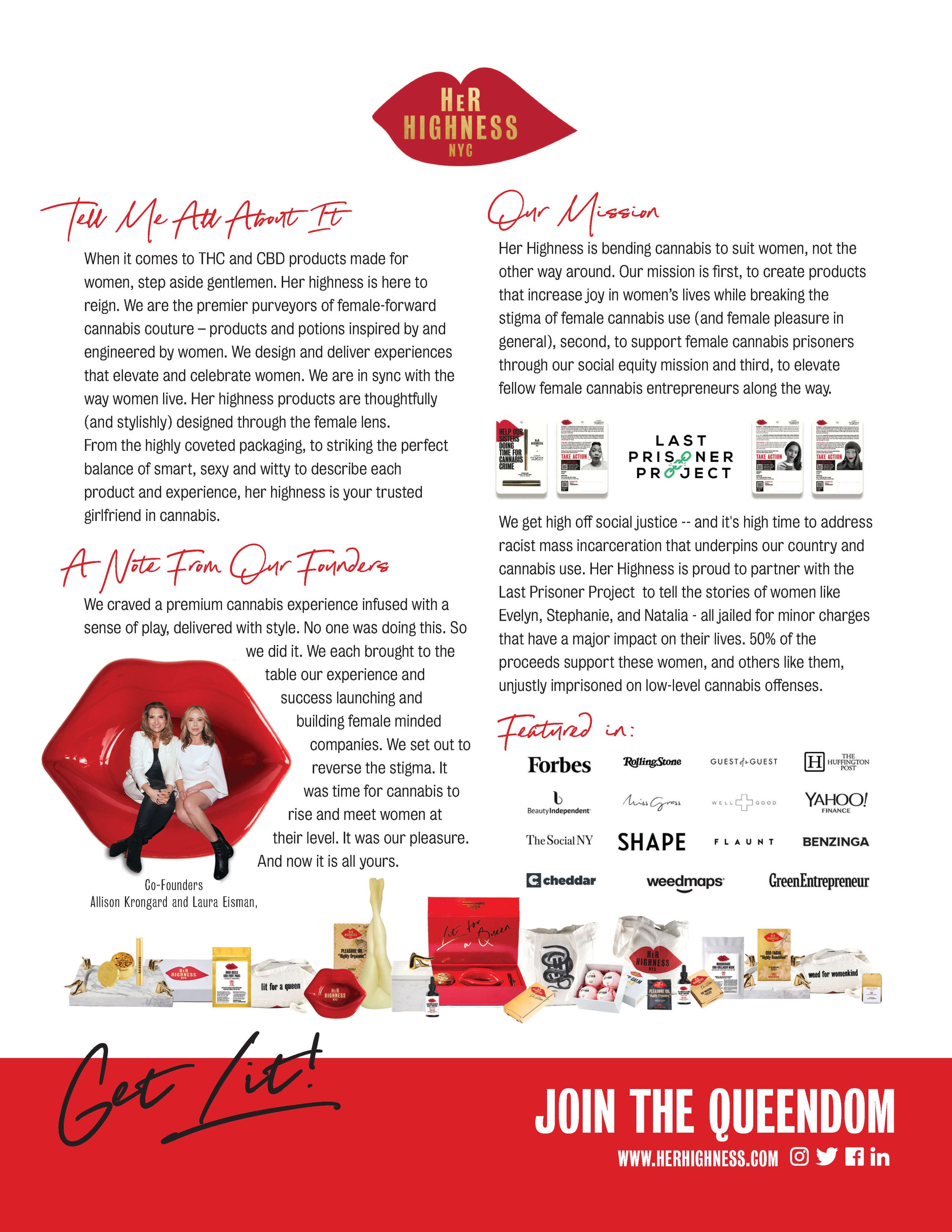 A promotional flyer for Her Highness, a cannabis brand empowering women. It features a red lipstick print with a photo of two women sitting inside a lipstick shape, and text about the brand's mission, products, and media features. It encourages joini