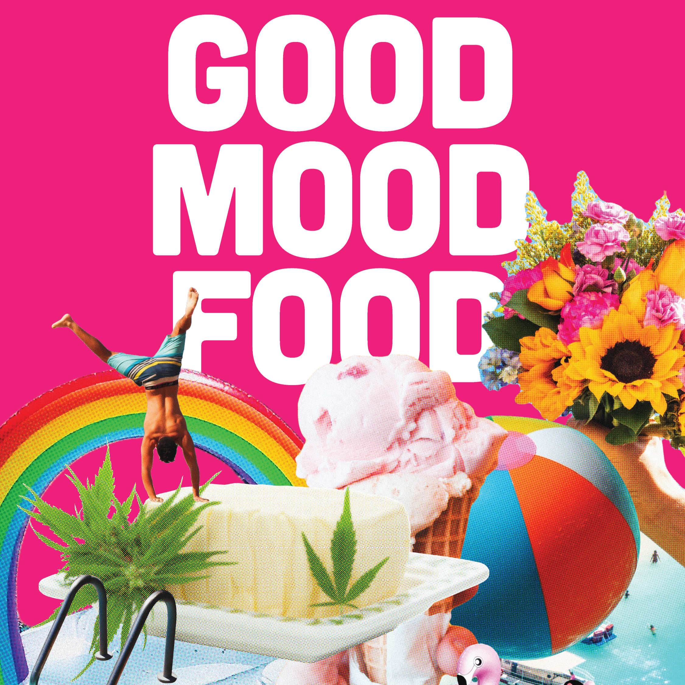 Colorful amusement park scene with a large pink sign that says 'Good Mood' and various elements such as a rainbow, a roller coaster, a person jumping, flowers, and a small yellow duck.