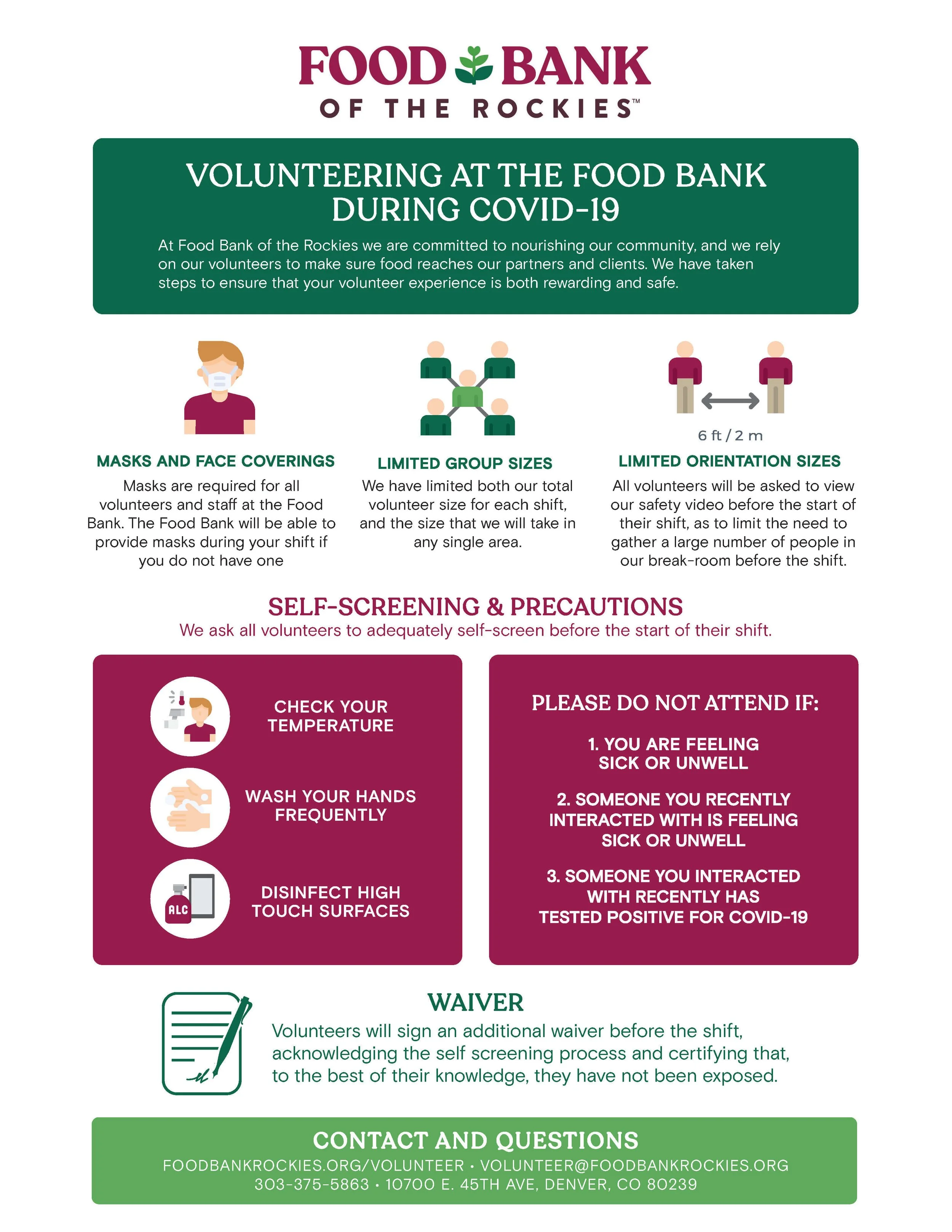 Information about volunteering at a food bank during COVID-19, including safety protocols and contact details.