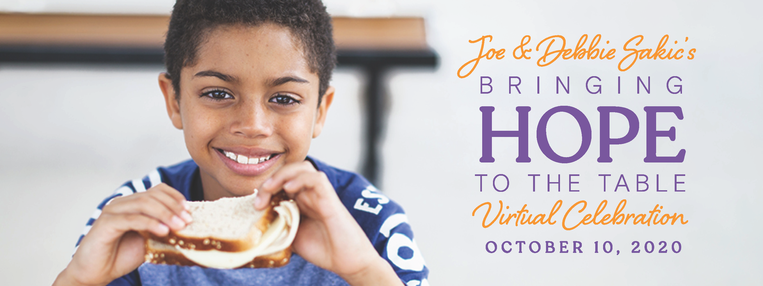 A smiling young boy holding a sandwich, with text overlay promoting a virtual celebration event for Joe and Debbie Sakic, titled 'Bringing Hope to the Table,' scheduled for October 10, 2020.