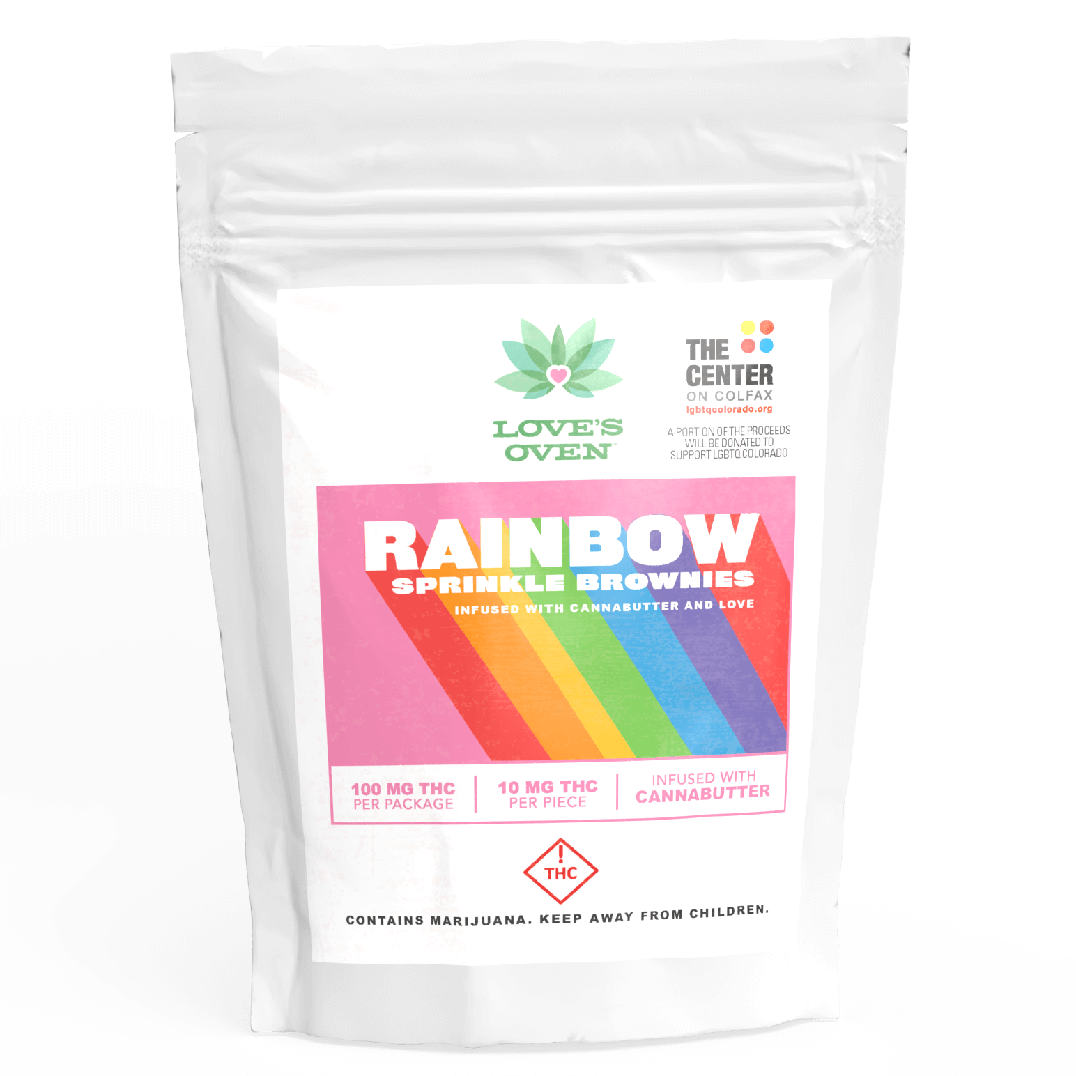 Package of rainbow sprinkle brownies infused with canabutter and love, with labels indicating 100mg THC per package, 10mg THC per piece, and a THC warning symbol.