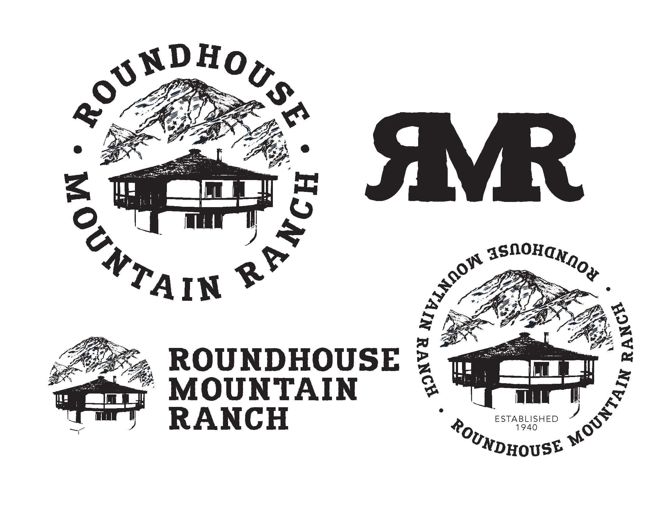 Black and white logo featuring mountain range, a mountain view lookout tower, and a pavilion with surrounding text including 'Roundhouse Mountain Ranch'. 
