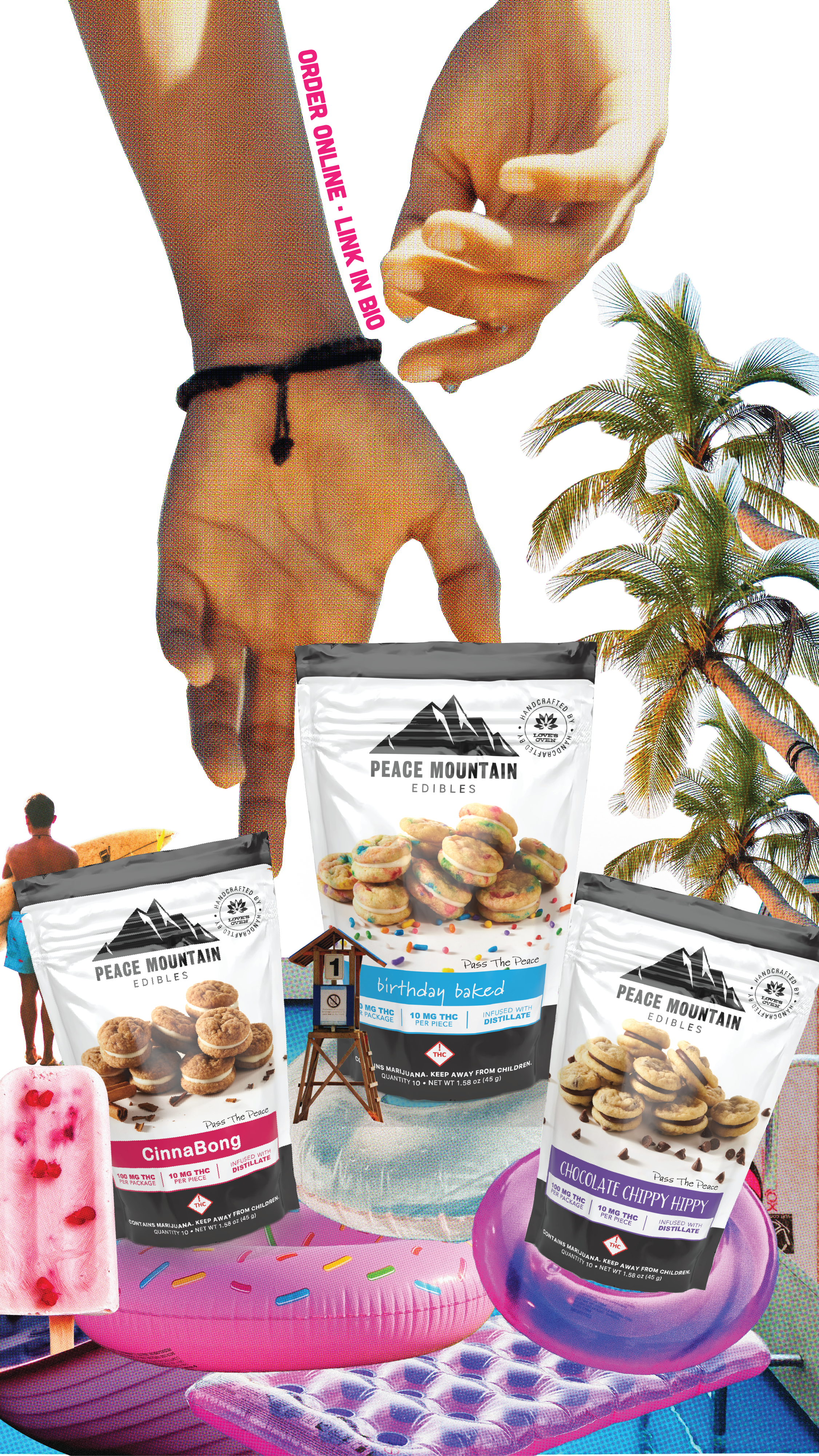 A collage featuring a picnic scene with palm trees, a woman in a swimsuit with surfboard, a lifeguard stand, and various cannabis edibles from Peace Mountain, including birthday baked cookies, chocolate chippy happy cookies, and cinnaBong cookies, with a pink donut pool float and ice cream in the foreground.
