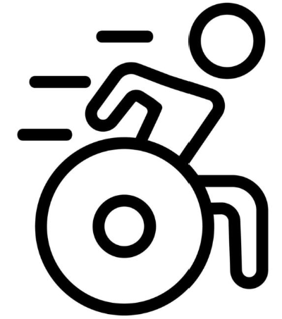 Line drawing of a person in a wheelchair moving quickly.