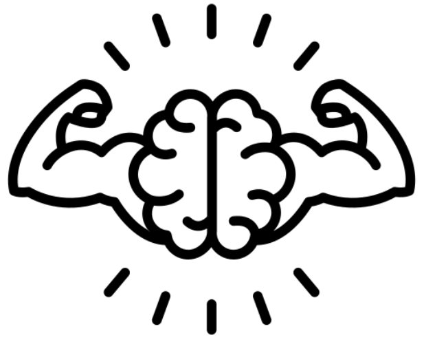 Black and white illustration of a brain with muscular arms flexing, surrounded by radiating lines.