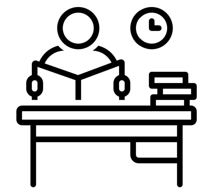A person sitting at a desk with a stack of books, some turning pages, a window showing a clock, representing studying or working.