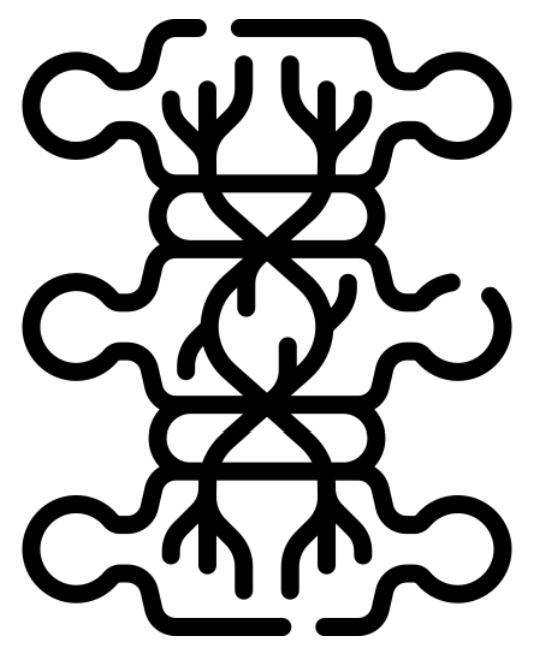 Black and white maze puzzle with symmetrical interconnected paths.