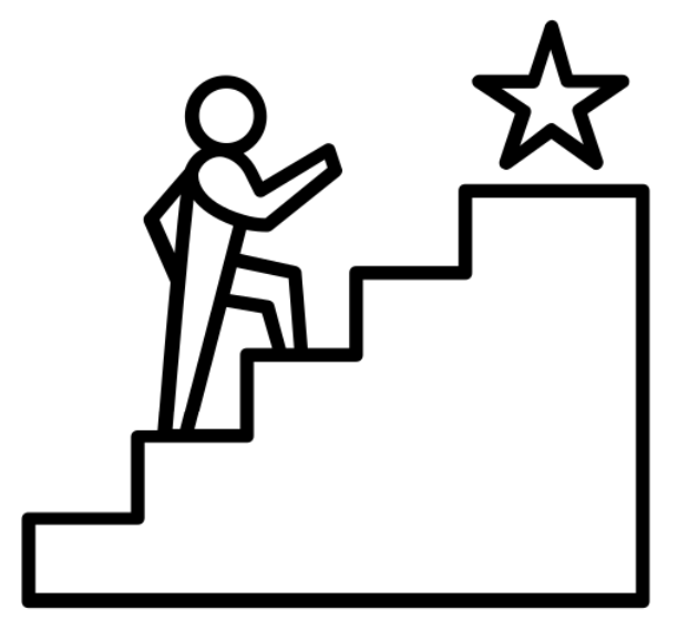 Line drawing of a person climbing stairs toward a star at the top of a staircase.