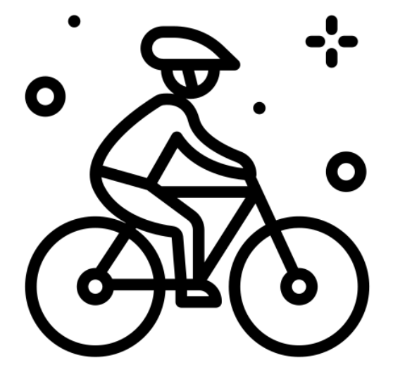 Line drawing of a person riding a bicycle, wearing a helmet, surrounded by abstract circles and shapes.