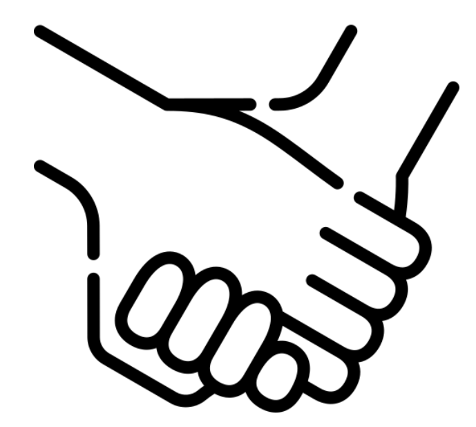 Black and white line drawing of a handshake.