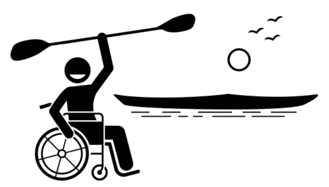 A person in a wheelchair holding a kayak paddle on a beach with water, a kayak, the sun, and birds in the background.