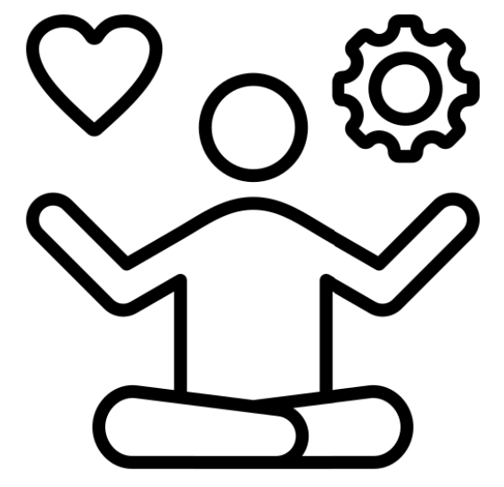 Outline drawing of a person sitting cross-legged with arms raised, surrounded by a heart, a circle, and a gear.