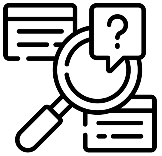 Magnifying glass over documents with question mark and conversation bubbles.