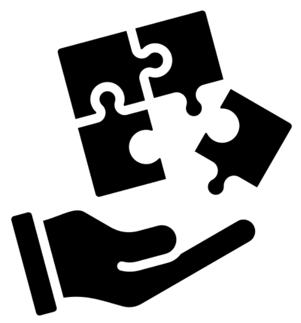 A simplified black silhouette of a hand holding three puzzle pieces