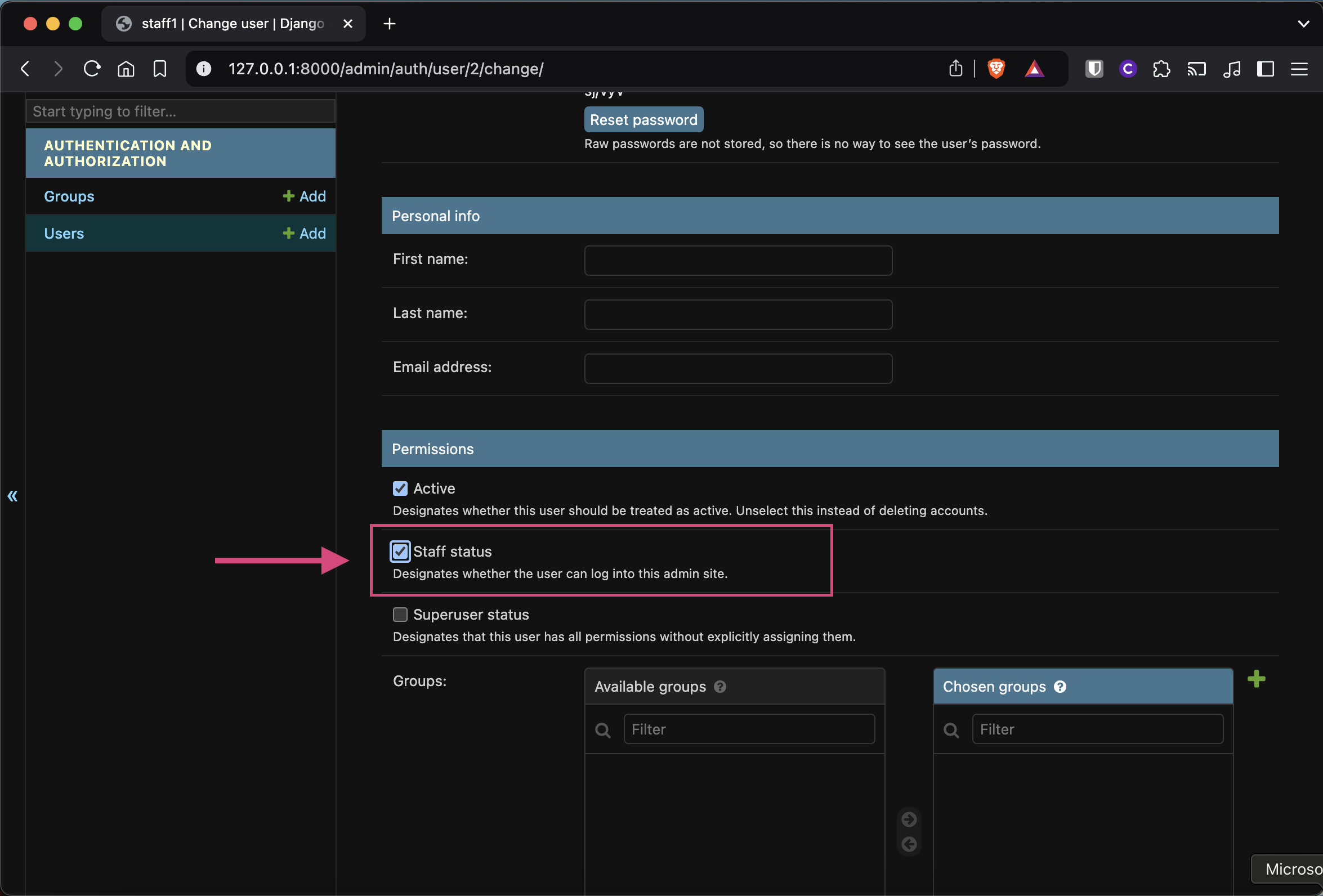 Screenshot of Edit User screen