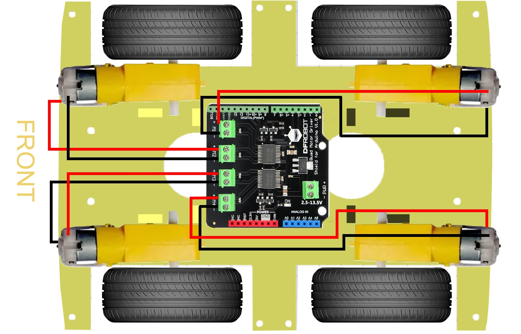 Build a 4WD car with Arduino Uno & DFRobot Quad Motor Driver — codemahal