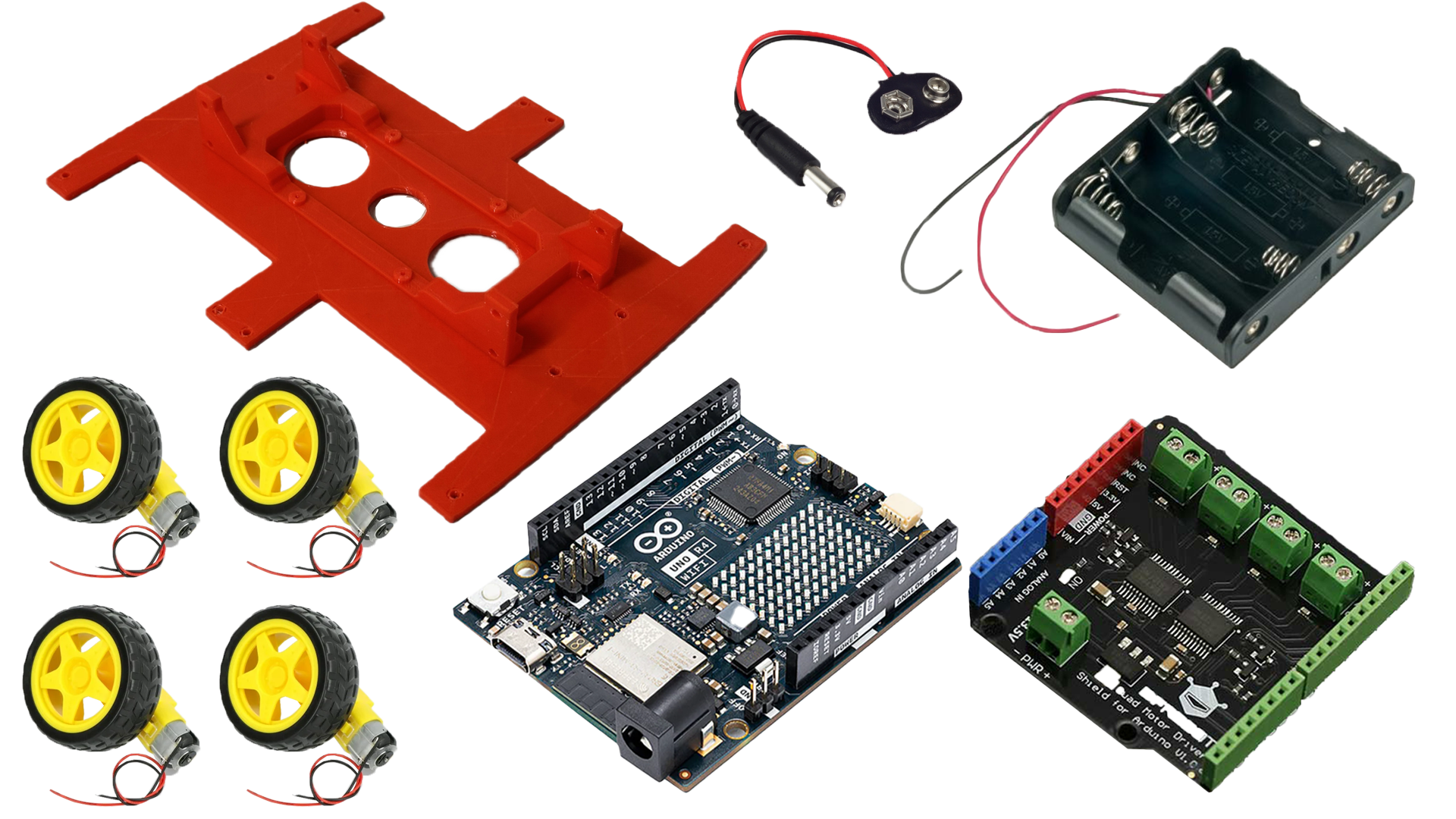 Photo showing the required components - car chassis, four DC motors with wheels, an Arduino Uno board, DFRobot quad motor driver shield, 9V battery connector, and AA battery pack