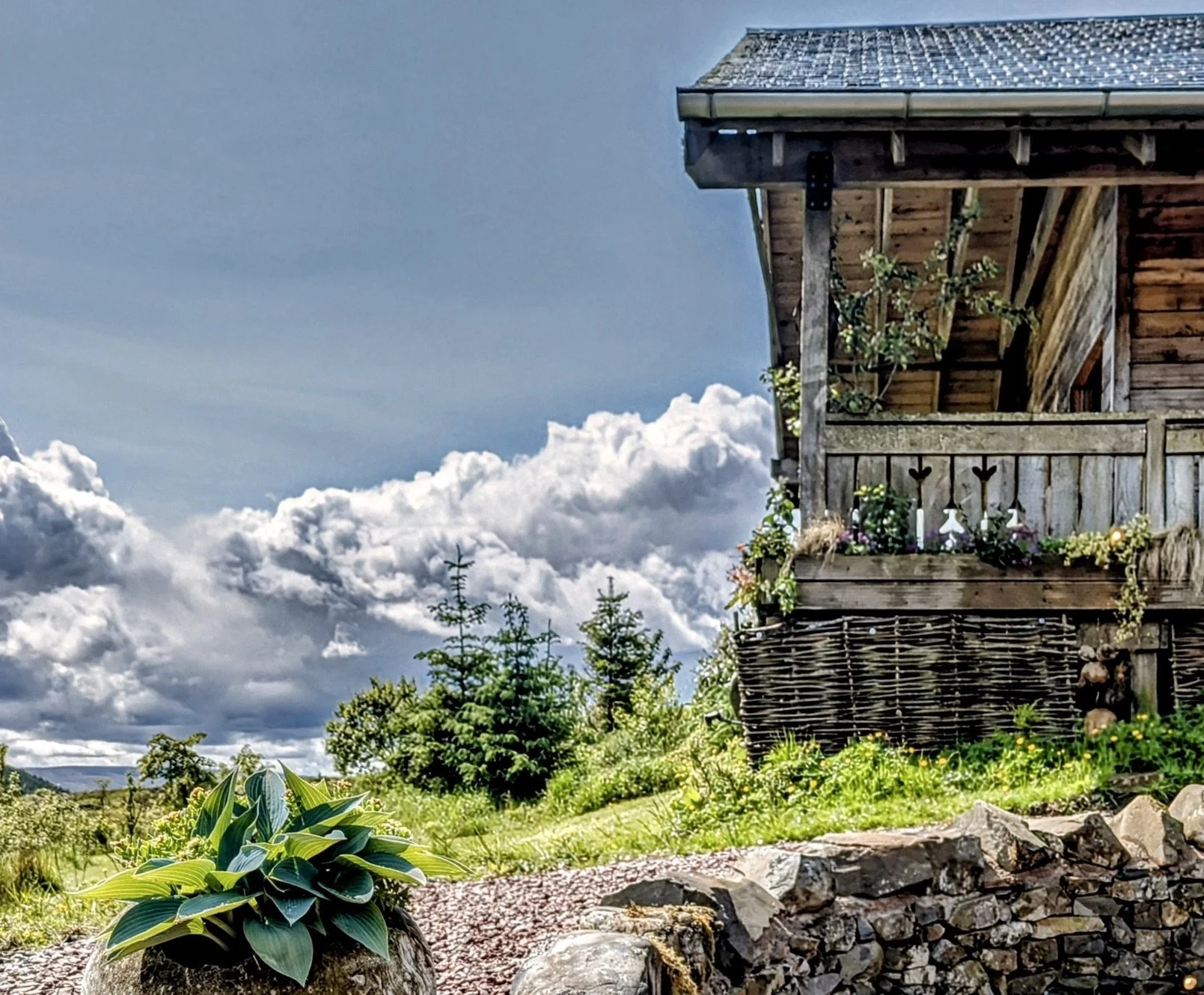 A rustic wooden house with a small balcony, surrounded by green plants and trees, under a partly cloudy blue sky.
