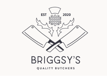 Logo for Briggy's Quality Butchers featuring crossed knives, a shield with a geometric pattern, and the text 'EST 2020'.