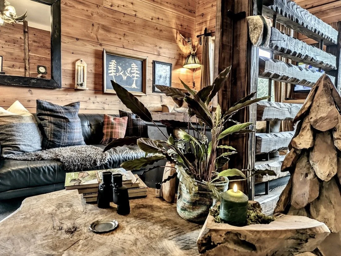 Cozy cabin living room with wooden walls, a leather sofa with pillows, a coffee table with books, binoculars, and a candle, a large plant in a woven basket, a woodpile, and wall-mounted shelves with textiles.