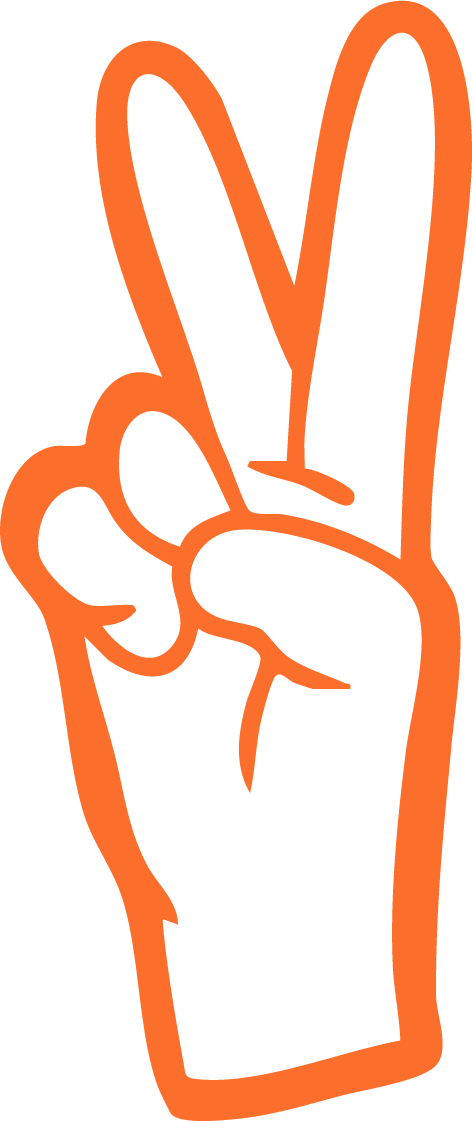 An illustrated hand making a peace sign, with the index and middle fingers raised and separated, and the other fingers folded down.